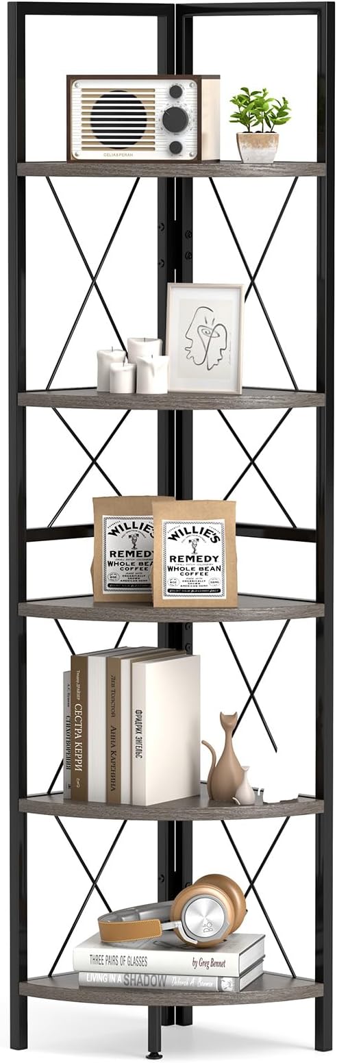 Giantex 5-Tier Corner Shelf, 63" Tall Corner Bookshelf, Freestanding Storage Rack w/Metal Frame, Modern Plant Stand, Narrow Bookcase Display Shelf for Living Room, Bedroom (1,Oak)