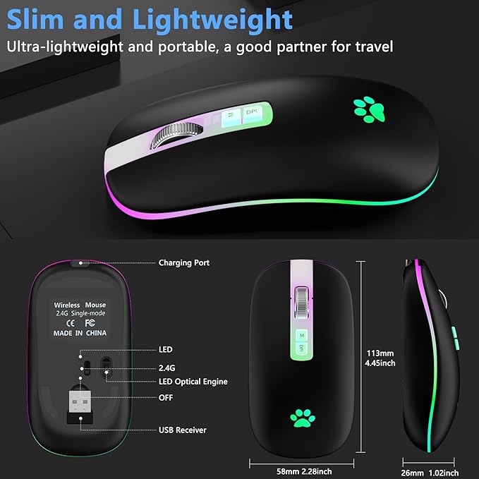 KARFUN Wireless Mouse, Backlit LED Portable Slim Computer Mouse for Laptop, PC, Computer, MacBook, iPad, Chromebook, Notebook, 2.4G Rechargeable Wireless Mouse (Black) (Black-Transparent Nose)