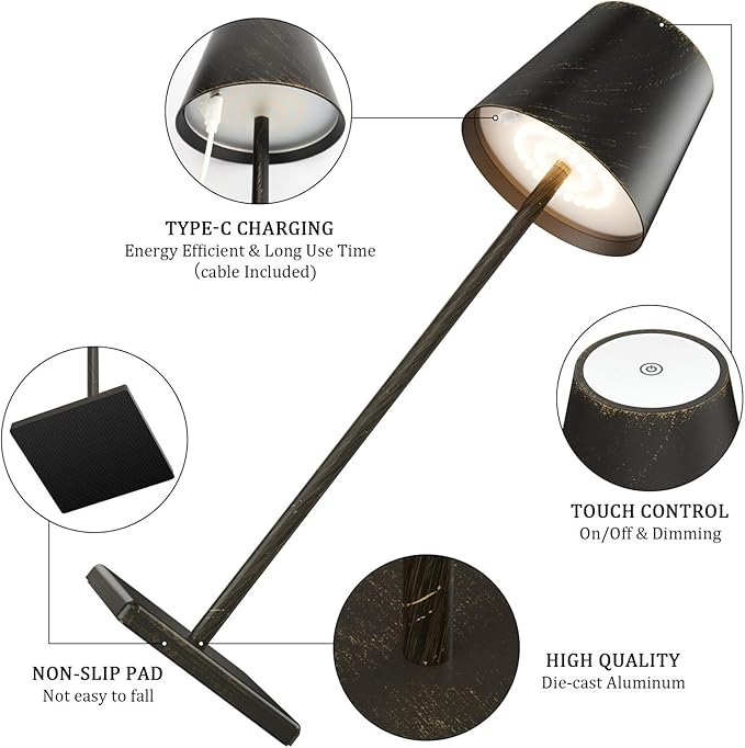 2-Pack Rechargeable Table Lamps LED Cordless Table Lamp 3W 5500mAh Battery Operated Table Light Stepless Dimmable Portable Desk Lamp for Restaurant/Table/Bedroom/Outdoor (Copper)