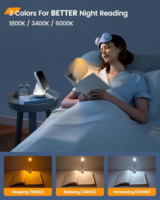Glocusent Willow Book Light for Reading in Bed, 10LED Bright Reading Light, 3 Colors & 3 Brightness, Rechargeable Book Light Lasts for 80hr, Lightweight Clip on Book Light, Perfect for Book Lovers