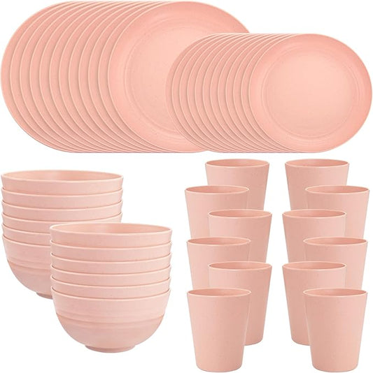 LIYH 48 Pcs Pink Wheat Straw Dinnerware Set, Plastic Plates and Bowls Dinnerware Set, Camping Dish Set for 12, Dishwasher Safe,Unbreakable Plates Reusable,Dish Sets Tableware