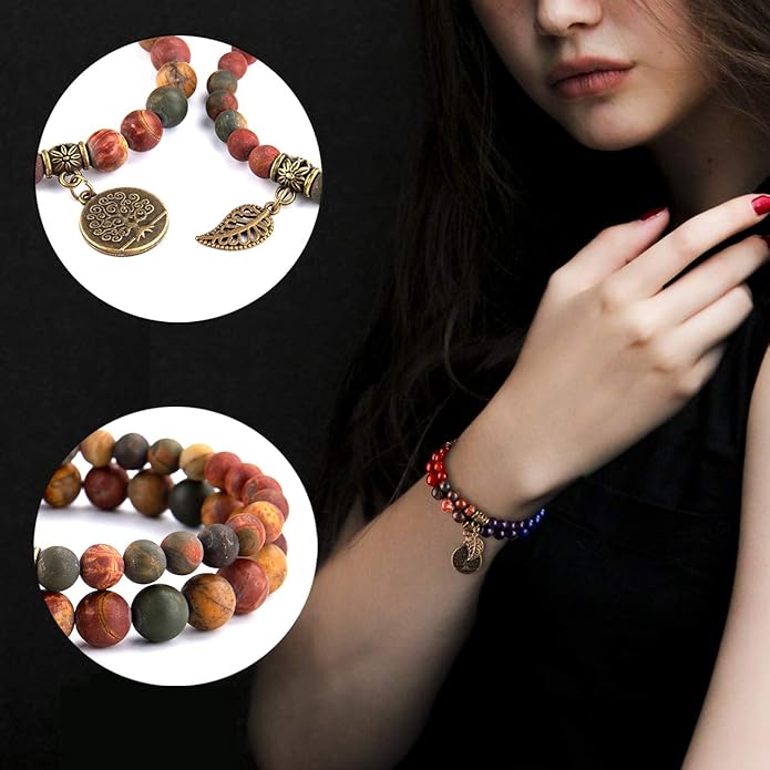 Bivei Natural Semi Precious Gemstone beads bracelet for women - Life Tree and Leaf Charm Energy Reiki Crystal Stretch Bracelets