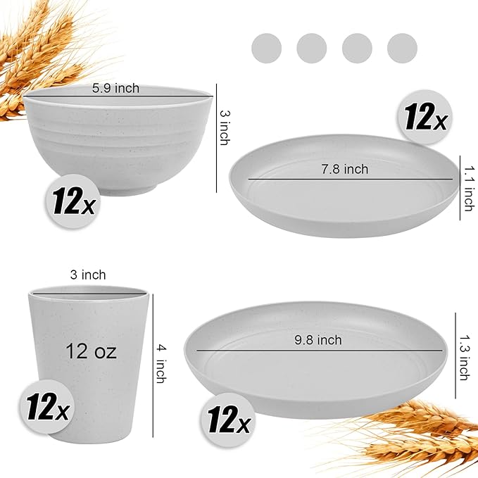 LIYH 48 Pcs Wheat Straw Dinnerware Set,Plates and Bowls Set,Camping Dish Set for 12, Plastic Dinnerware Set,Dishwasher Safe Dinnerware Set, Unbreakable Plates,Camping Dish Sets (Light Grey)