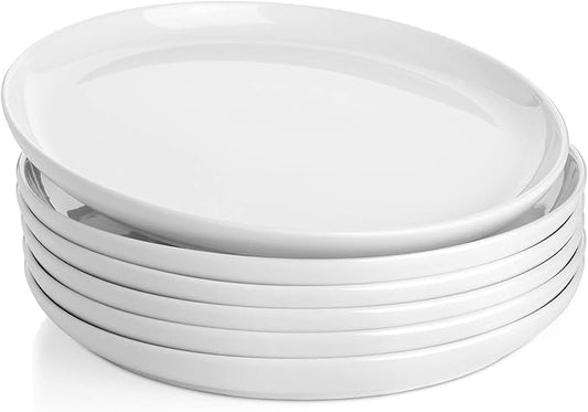 Sweese 10 Inch Porcelain Dinner Plates, White, Set of 6 - Microwave, Oven, Dishwasher Safe, Scratch-Resistant