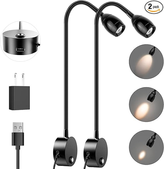 Wall Mounted LED Reading Light with 15" Flexible Gooseneck, Focused Adjustable Book Light for Reading In Bed with 3000K Warm Light, Plug In Dimmable Bedside Headboard Night Lamp, Touch Control-2 Pack