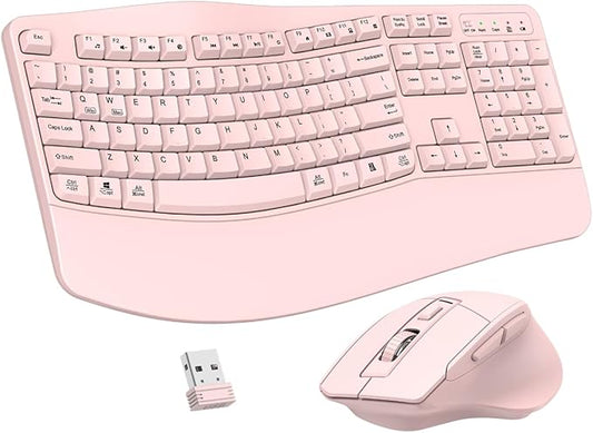 Wireless Keyboard and Mouse Combo, 2.4G Full Size Wave Keys Ergonomic Keyboard with Wrist Rest and 3-Level DPI Adjustable Wireless Ergonomic Mouse for Windows, Mac OS Desktop/Laptop/PC(Pink)