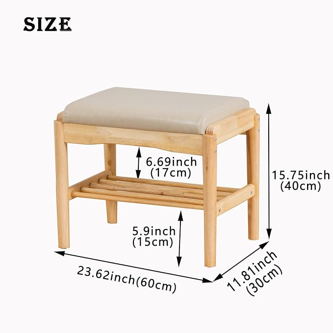 latifolia Small Shoe Bench, Solid Wood Bench with Cushion, 2 Tier Shoe Storage Organizer for Entryway(Nature,17.71''L)