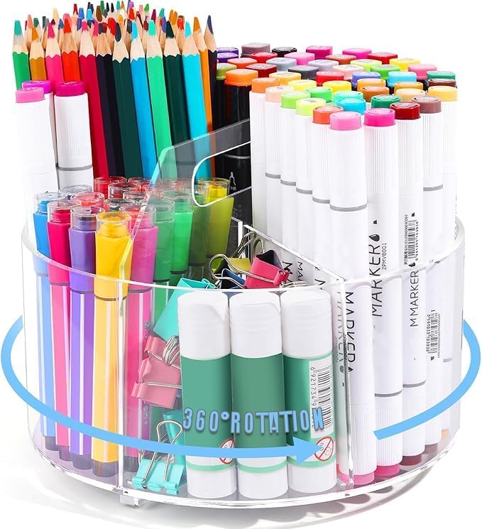 Acrylic Pen Holder, 360 Degree Rotating Desk Organizer, Marker & Pencil Holder for Art Supply Storage