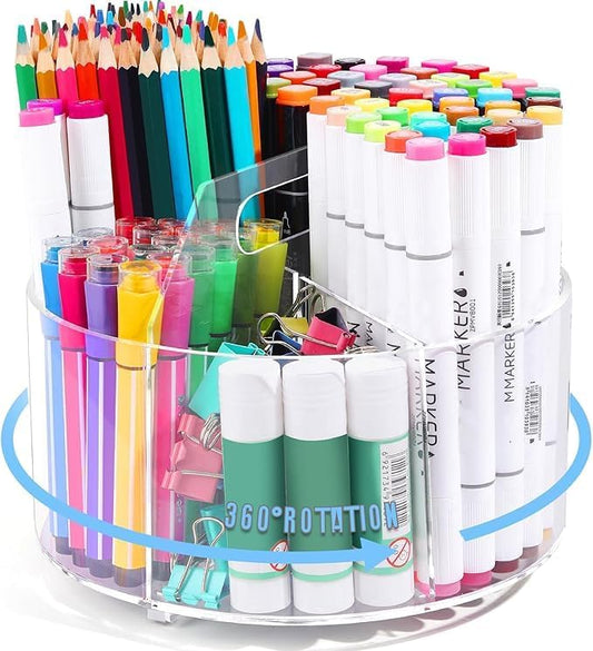 Acrylic Pen Holder, 360 Degree Rotating Desk Organizer, Marker & Pencil Holder for Art Supply Storage