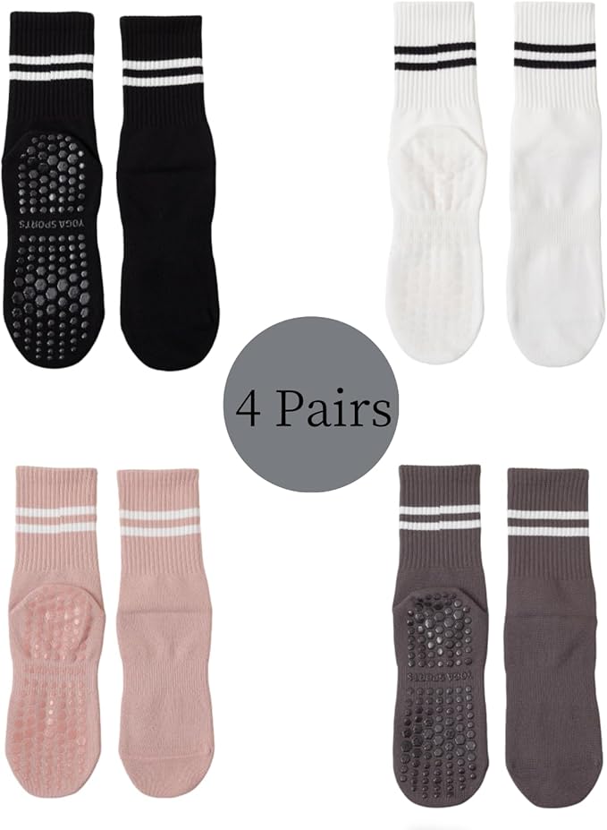 Yoga Socks with Non-Slip Grips for Women - 4 Pairs Pilates, Barre, Gym, Dance Workout Anti-Skid Socks