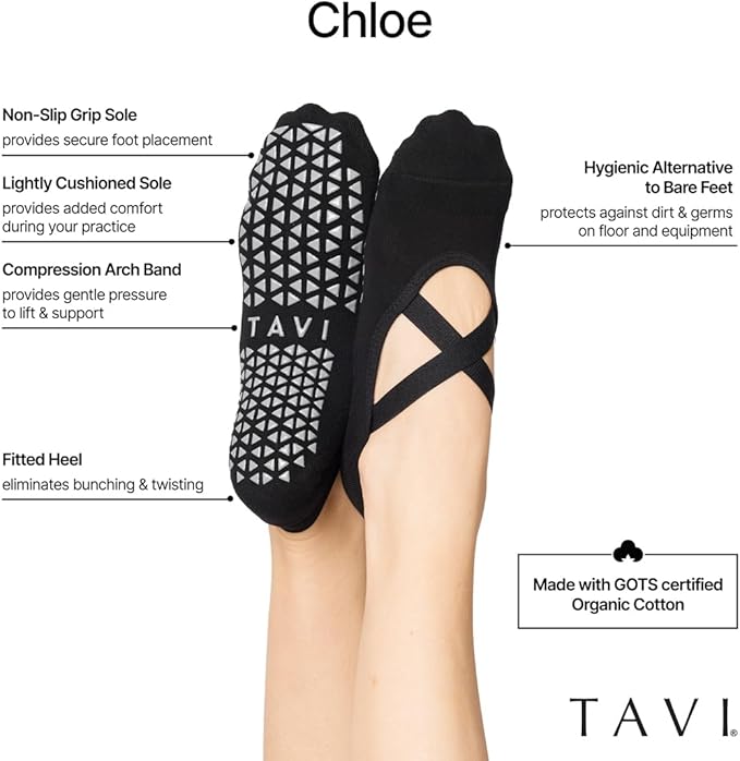 TAVI NOIR Chloe Fashion Criss-Cross Grip Socks for Barre, Pilates and Yoga, Ebony, Medium