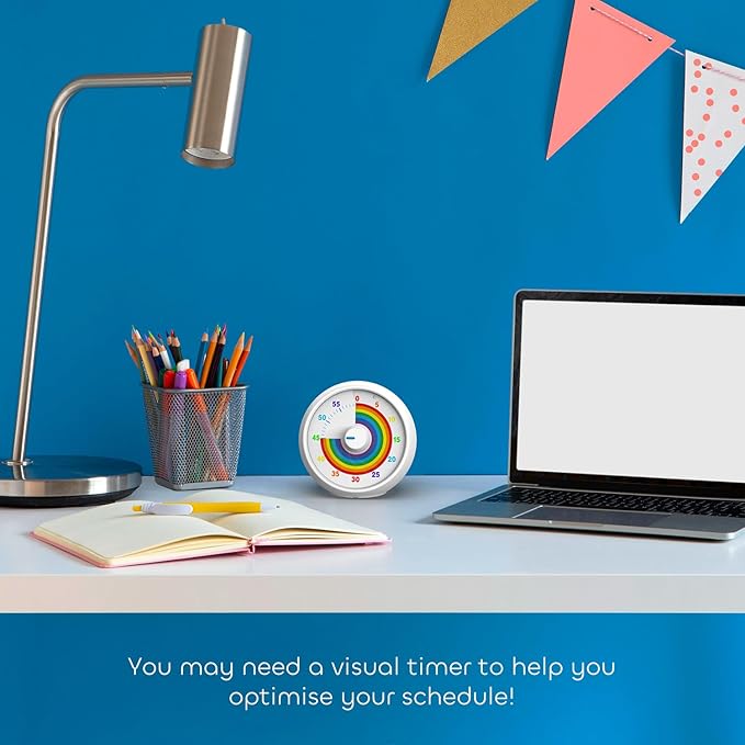 Visual Timer for Kids, 60-Minute Countdown for Classroom Office Kitchen, Desk Timer Kids Time Management Tools with Silent Operation, Pomodoro Timer Rainbow Pattern(White)