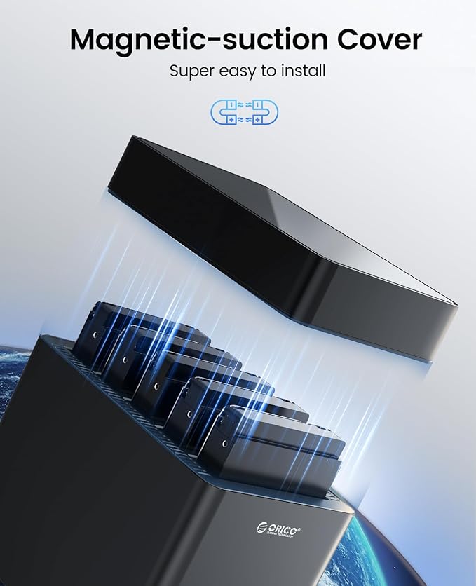 ORICO 5 Bay 3.5 Inch Hard Drive Enclosure USB C to SATA Magnetic Tool-Free External HDD Enclosure with 12V/6.5A Power Adapter for Family Storage Expansion Up to 90TB(5x18) - DS500C3