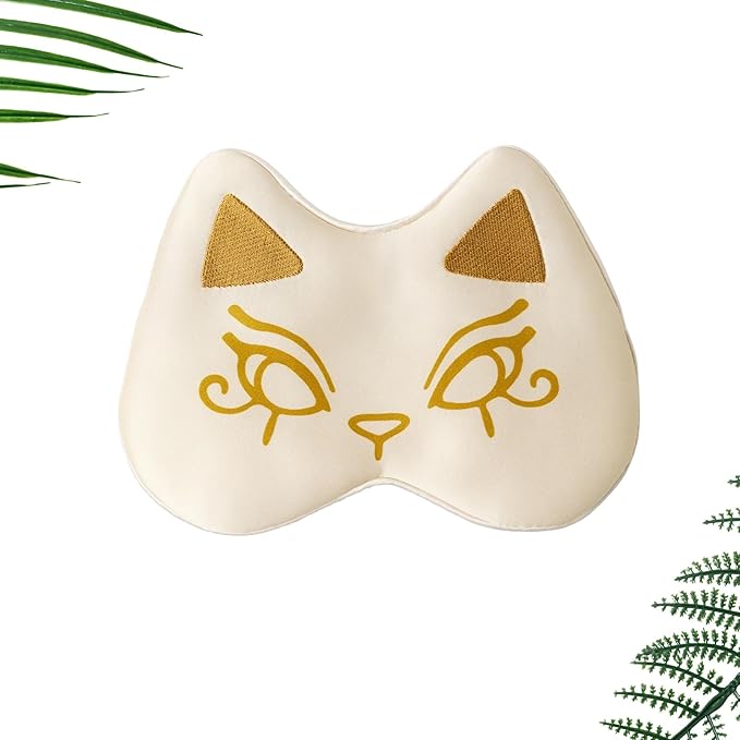 Silk Sleep Mask Blindfold Eye Mask for Sleep Cute Cat Print Embroidered Eye Cover Adjustable Oversized Egyptian Bastet with Gift Box&Pouch（Isis Ivory-Elastic Strap）