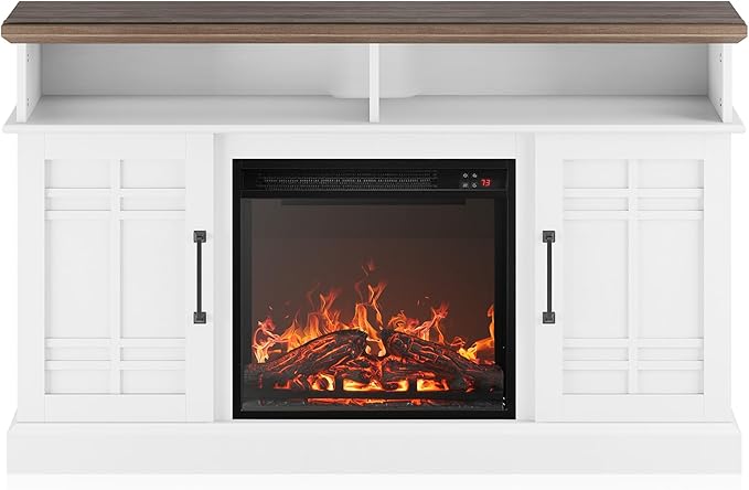BELLEZE 48" TV Stand with 18" Electric Fireplace Heater, Modern TV Stand for TVs up to 50", Entertainment Media Stand with Open Shelves and Storage Cabinets for Living Room, Bedroom (White)