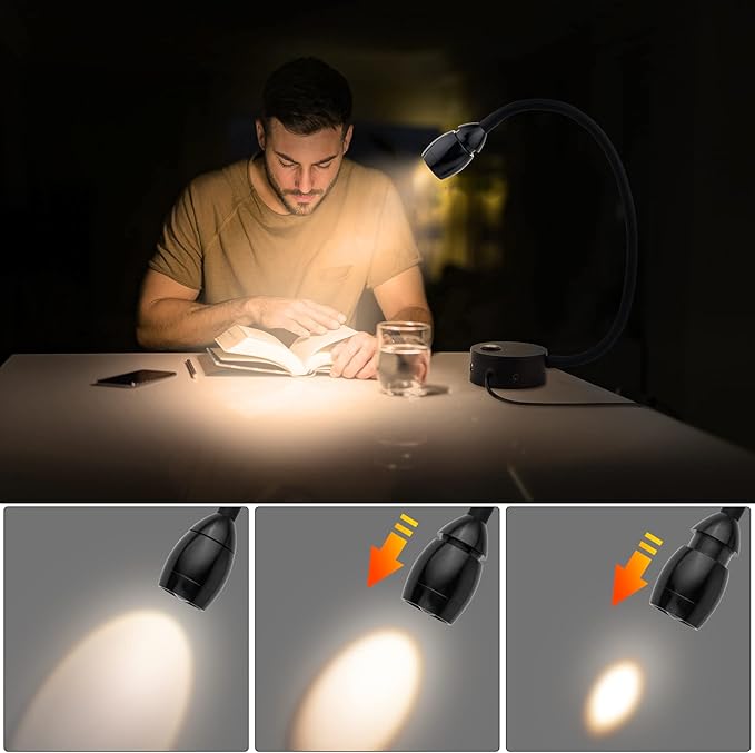 Wall Mounted LED Reading Light with 15" Flexible Gooseneck, Focused Adjustable Book Light for Reading In Bed with 3000K Warm Light, Plug In Dimmable Bedside Headboard Night Lamp, Touch Control-2 Pack