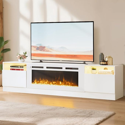 80” TV Stand with 36” Electric Fireplace, Large Modern Media Entertainment Center with Storage Cabinet and 12 Colors LED Lights for TVs Up to 90",All Black