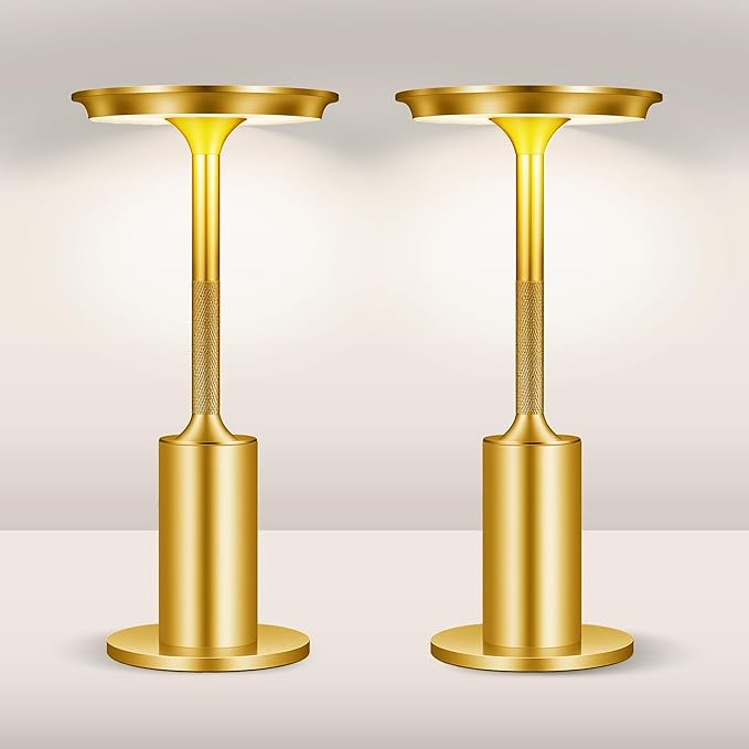 Rechargeable Cordless Table Lamps Set of 2, 6000mAh Battery Operated Outdoor Table Lamp, 3 Color Stepless Dimming Portable Touch Light for Patio,Bars,Bedroom,Dinner, Restaurant (Gold)
