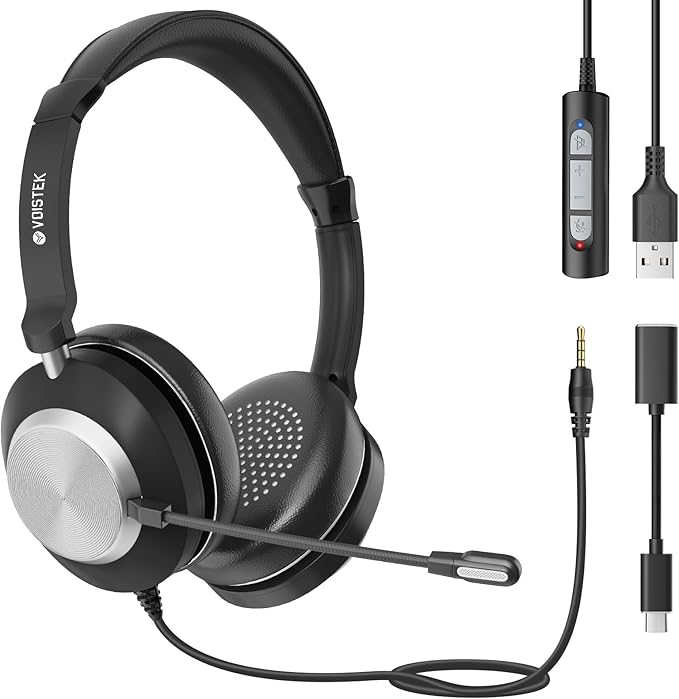 USB Headset with Mic for Laptop PC,Wired On Ear Computer Headphones with Noise Cancelling Microphone,in-line Control for Windows,MacOS,Office Work,Call Center,Video Meeting