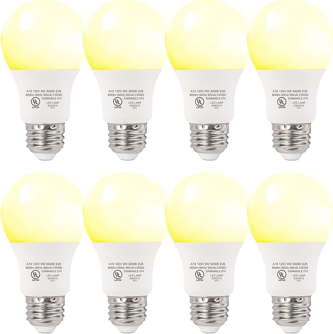 8-Pack Neutral White LED Bulbs - Suitable for Bedroom & Living Area, 60W Equivalent, 3000K, 9W, 15000-Hour Lifespan, E26 Socket