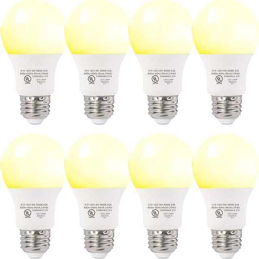 8-Pack Neutral White LED Bulbs - Suitable for Bedroom & Living Area, 60W Equivalent, 3000K, 9W, 15000-Hour Lifespan, E26 Socket