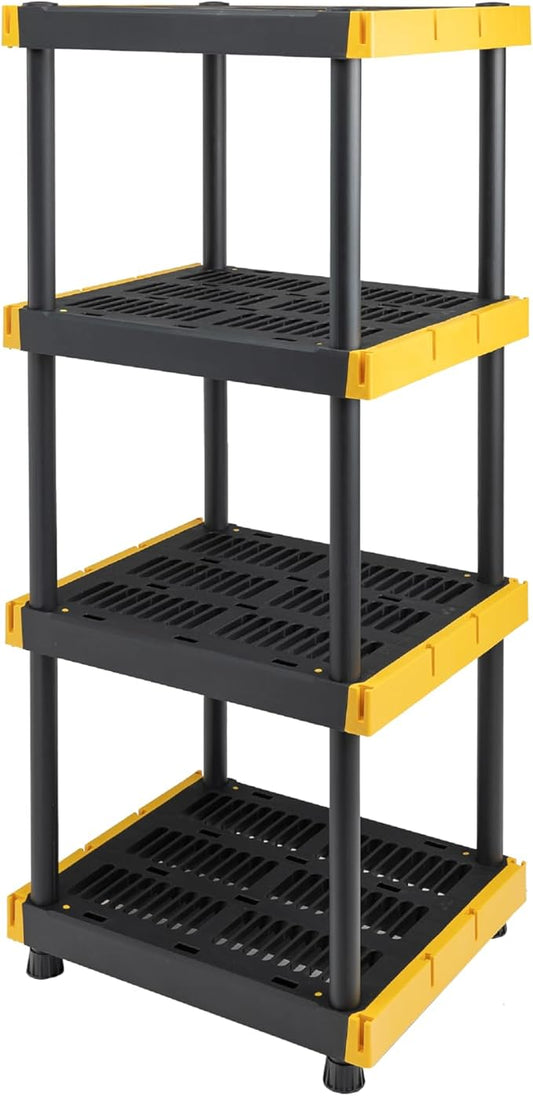 BLACK & YELLOW 4-Tier Heavy Duty Plastic Storage Shelving Unit, 100lbs/shelf (55"H x 24"W x 20"D), for Indoor/Outdoor Organization, Modular Rack, Extremely Durable, Made in The USA