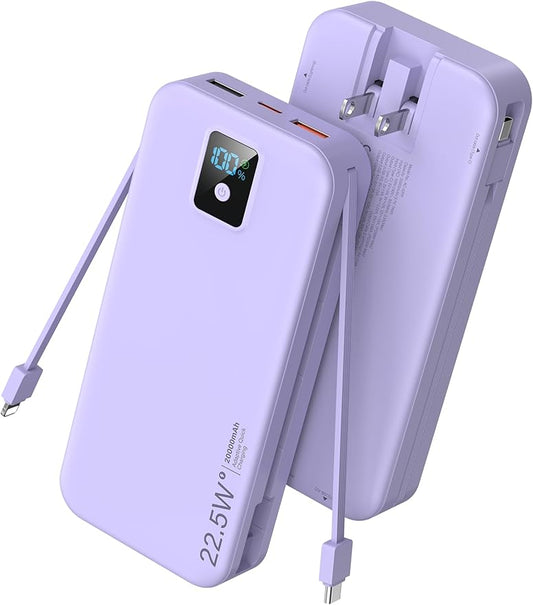 Portable Charger, 20000mAh 22.5W Fast Charging Power Bank with Built-in Cables & Wall Plug, Travel Essential Battery Pack with LED Display, USB C Battery Phone Charger for iPhone, iPad, Samsung Purple