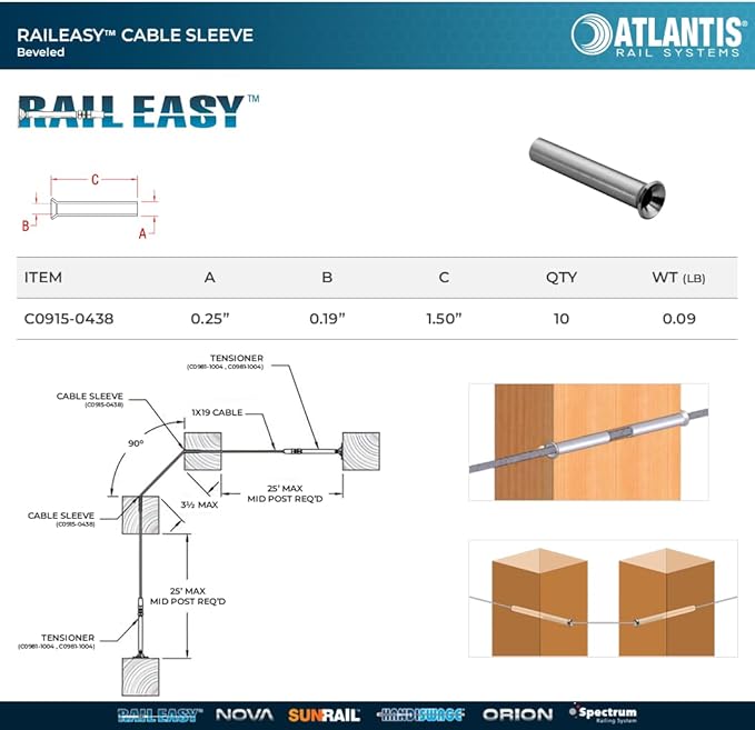 Atlantis RailEasy C0915-0438 Cable Sleeve for 5/32" Cable (Beveled) - Pack of 10