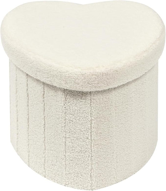 Heart Shaped Ottoman with Storage, Faux Teddy Fur Upholstered Footstool, Small Storage Ottoman Cube for Bedroom, Living Room, Easy Assembly, Foldable, White, 15"x15"x12.6"