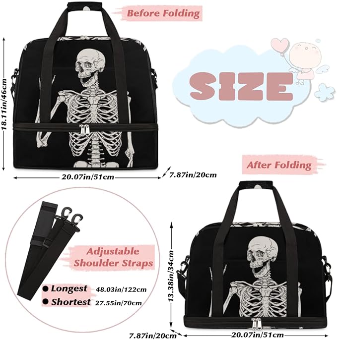 Sports Gym Bag, Human Skeleton Skull Halloween Travel Duffel Bag with Shoes Compartment Waterproof Overnight Bag Workout Weekender Bag Boys Girls Yoga Dance Bag Gym Tote Bag for Women Men