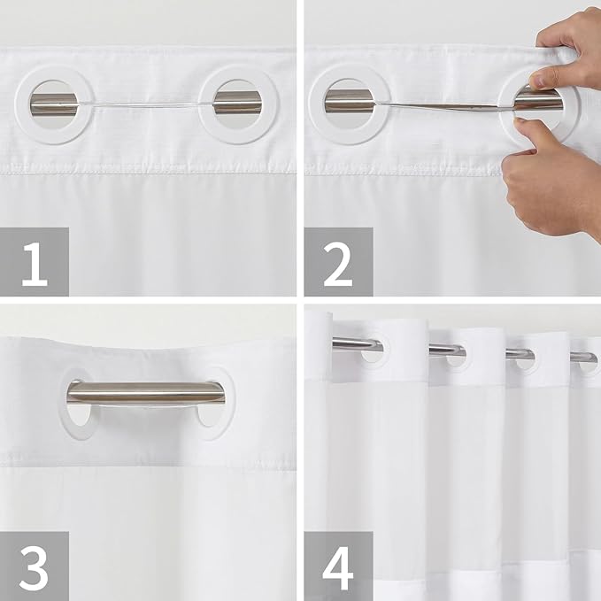 Stall No Hooks Needed White Shower Curtain with Snap-in Fabric Liner Set,Linen Textured Hotel Luxury Decor Shower Curtains for Bathroom with Mesh Top Window,Waterproof & Washable,36Wx74H,