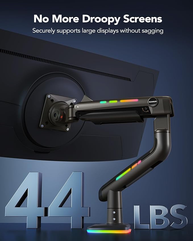 HUANUO RGB Monitor Arm for Ultrawide Screens up to 49″, Heavy-Duty Single Mount Holds 44 lbs, Fully Adjustable Gaming Monitor Arm with C-Clamp & Grommet Base, Max VESA 100 x 100mm