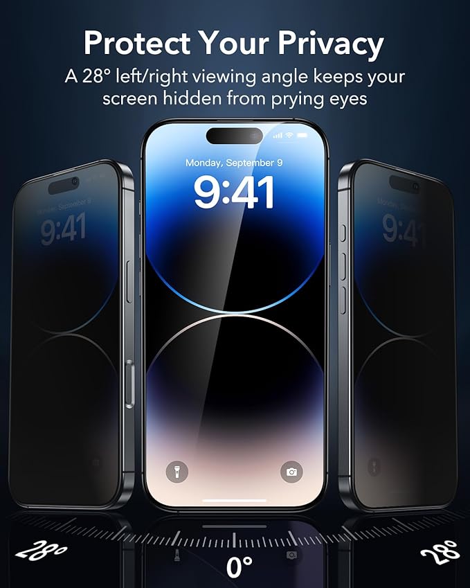ESR 3 Pack 9H+ Glass for iPhone 14 Pro Max Privacy Screen Protector, [Military Grade Shatterproof & Longest Durable] Armorite Anti-spy Tempered Glass with UltraFit Tray