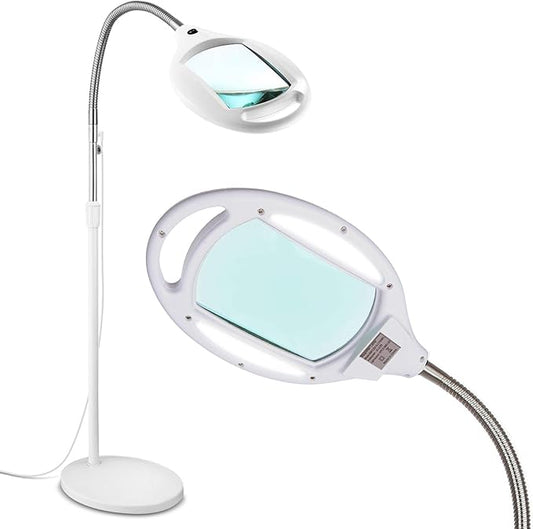 Brightech LightView Pro LED Magnifying Floor Lamp - Daylight Bright Full Spectrum Magnifier Lighted Glass Lens - Height Adjustable Gooseneck Standing Light - for Reading Task Craft Lighting - White