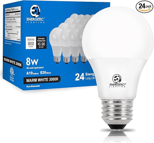 Energetic Light Bulbs 60 Watt Equivalent, A19 Warm White LED Light Bulbs, 15000 Hrs E26 Base, 8W, 800LM, 3000K Light Bulb, UL Listed, Non-Dimmable, 24-Pack