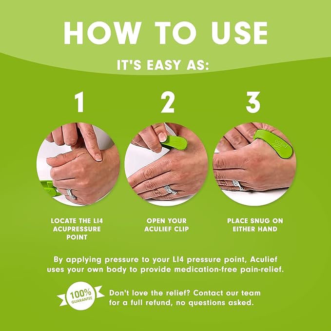 Aculief Hand Pressure Point Clip - Portable Stress-Management Tool & Acupressure Tool - Adjustable Fit for LI4 & Hand Acupressure - Green, Small