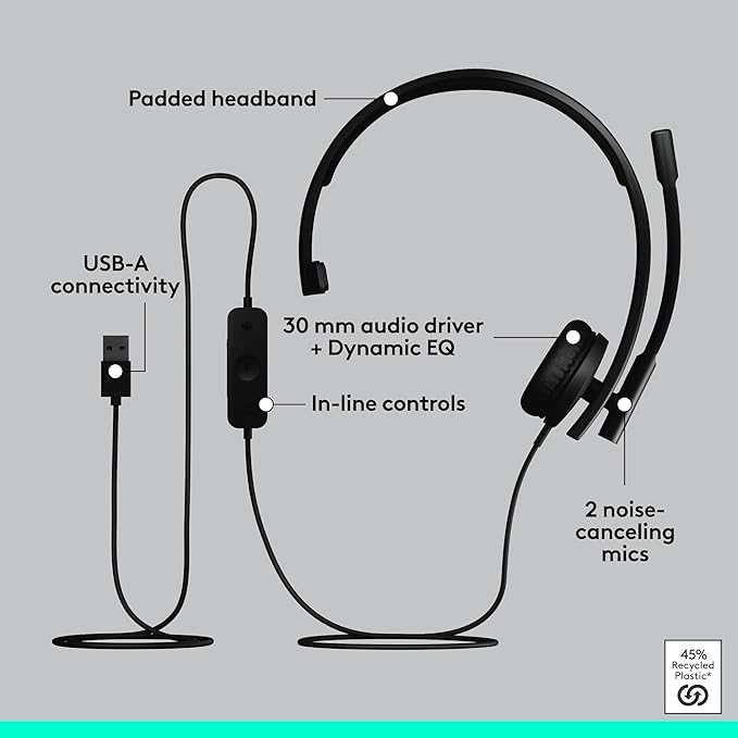 Logitech H570e USB Headset with Microphone for PC and Mac, USB-A Wired Headset with Mono Sound, Noise-Canceling Mics and Inline Controls, Certified for Microsoft Teams, Black