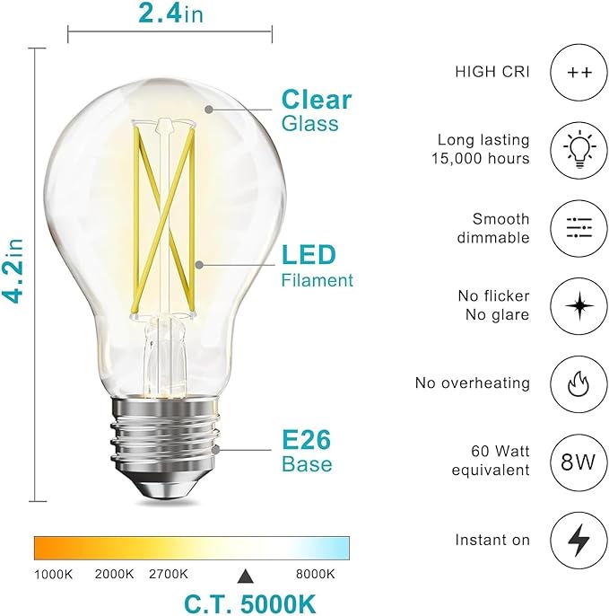 TJOY 6 Pack A19 Vintage LED Edison Bulbs, Dimmable Light Bulb 60W Equivalent, High Brightness 5000K Daylight, Ultra-Bright, 8W E26 Standard Base, 800Lumens, CRI80+, Clear Glass Filament Bulb for Home