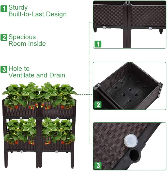 VINGLI Square Raised Garden Bed, Self-Watering Plastic Planter for Indoor Outdoor Vegetables, Fruits, Potato, Flowers, All Weather (4 Pcs)