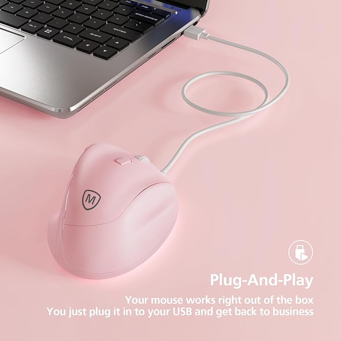 Micropack Ergonomic Mouse Wired for Laptop, PC Computer and Desktop, Ergo Mouse Vertical with Silent Clicks, Up to 3200 DPI Adjustable Mouse Sensitivity, Pink