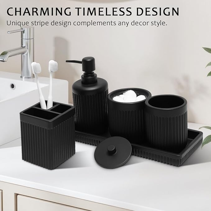 8-Piece Matte Black Bathroom Set - Luxury Resin Bathroom Accessories Sets Complete with Shower Curtain and Rugs, Soap Dispenser, Toothbrush Holder, Cup, Apothecary Jars & Tray