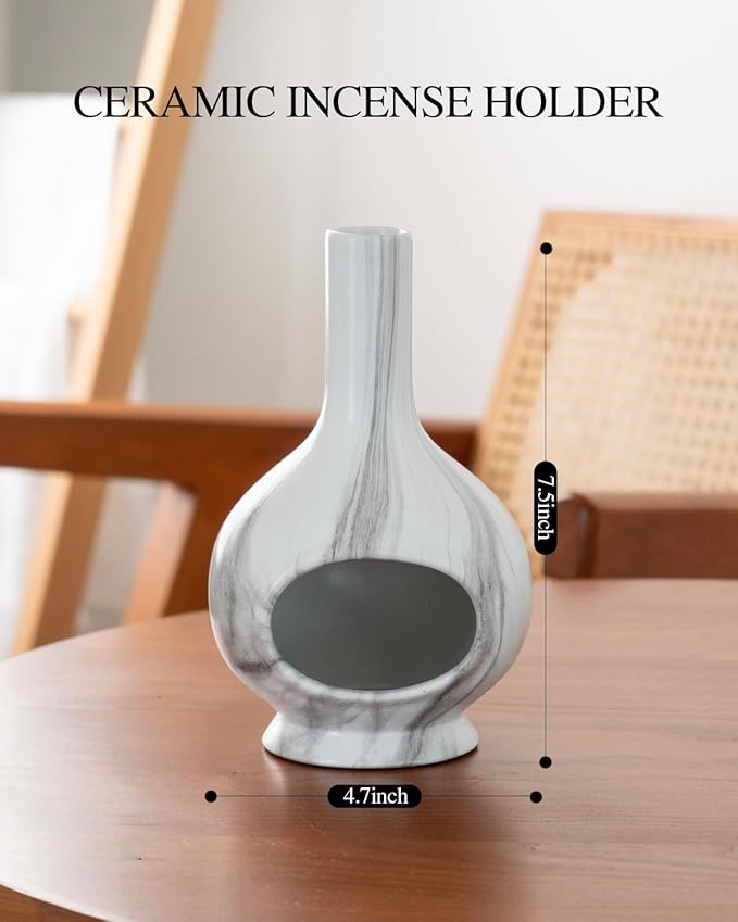 Handmade Ceramic Incense Holder，Stick & Backflow - Sage Holder for Burning ，Meditation Accessories，Easily Grab All Incense Ash (Marble)