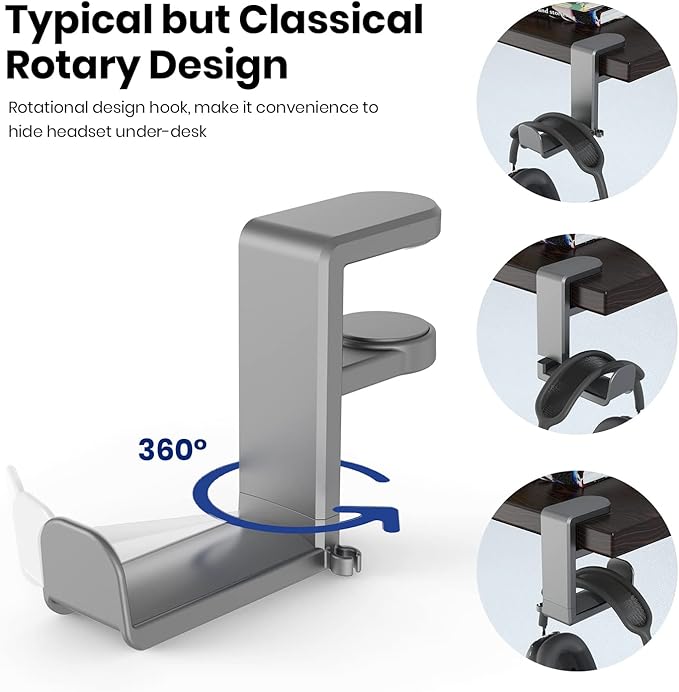 EURPMASK PC Gaming Headset Stand - Adjustable Clamp-on Headphone Holder, 360 Degree Swivel & Cable Clip Organizer - Space Grey