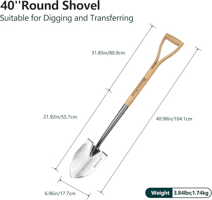 Berry&Bird Round Point Gardening Shovel with Wood D-Handle, 40.98" Stainless Steel Beach & Snow Shovel