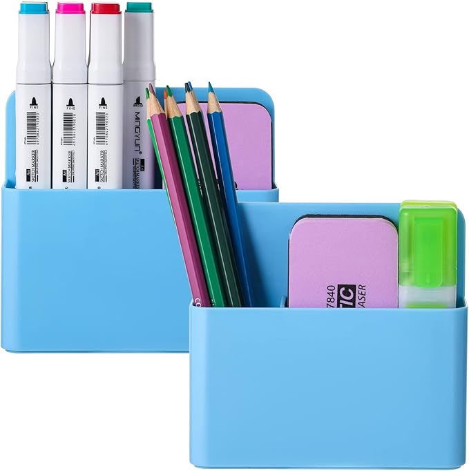 Mabrasse 2p Magnetic Dry Erase Marker Holder,Pen and Eraser Holder for Whiteboard, Magnet Pencil Cup Utility Storage Organizer for Office, Refrigerator, Locker and Metal Cabinets (Blue)