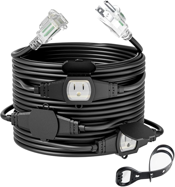 25FT 14 Gauge Outdoor Power Extension Cord,Four Outlet Cable.Multiple Evenly-Spaced Plug Ideal for Landscaping Light,Stage Backline,Holiday Decoration and Christmas,ETL Listed Cord Splitter