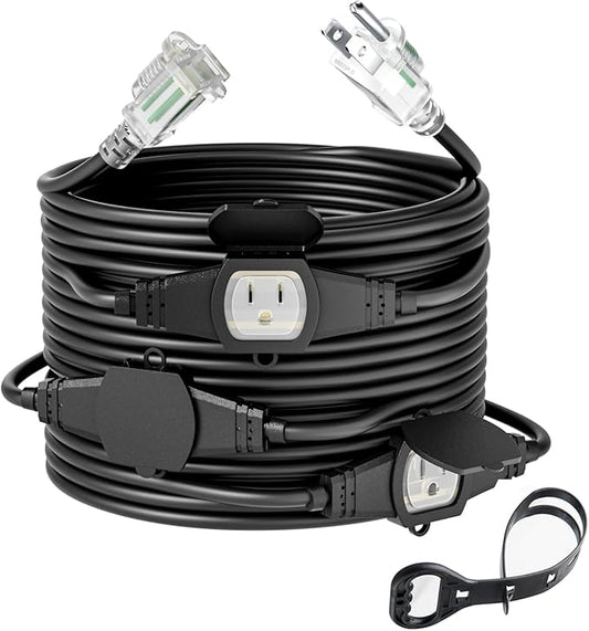 25FT 14 Gauge Outdoor Power Extension Cord,Four Outlet Cable.Multiple Evenly-Spaced Plug Ideal for Landscaping Light,Stage Backline,Holiday Decoration and Christmas,ETL Listed Cord Splitter