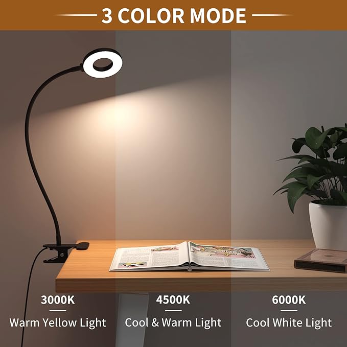 iZELL Desk Lamp, LED Reading Light with Clamp, 3 Color Modes & 10 Brightness Flexible Gooseneck Book Light for Kids Reading Book in Bed at Night Clip on Table, Computer, Zoom Meetings - 27.6‘’ Black
