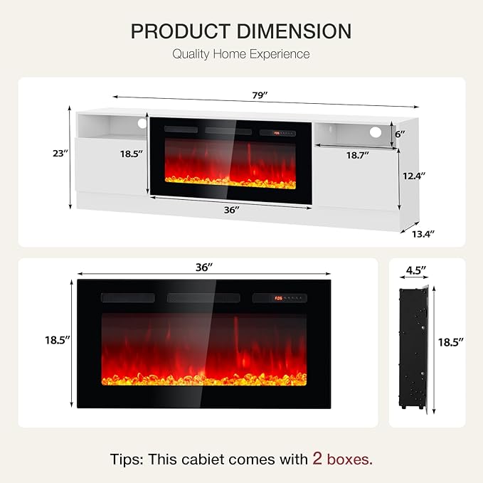 80” TV Stand with 36” Electric Fireplace, Large Modern Media Entertainment Center with Storage Cabinet and 12 Colors LED Lights for TVs Up to 90",White and Black