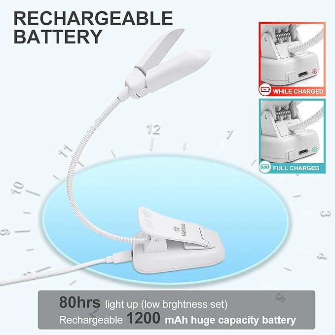 Vekkia 14 LED Rechargeable Book Light for Reading at Night, Eye-Care Reading Light for Books in Bed, 180° Adjustable, Clip on Lamp, 3 Color Temperatures, Lightweight, Present for Reader